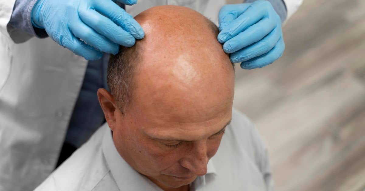 Médico revisando el cuero cabelludo de un hombre con alopecia avanzada, ilustrando la búsqueda de una solución profesional para la alopecia avanzada.