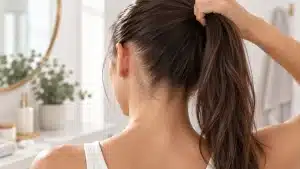 Mujer sujetando una coleta tirante vista de espaldas
