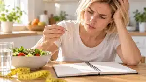 Mujer observando cabellos caídos durante una dieta restrictiva