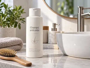 Champú anticaída junto al lavabo en un baño