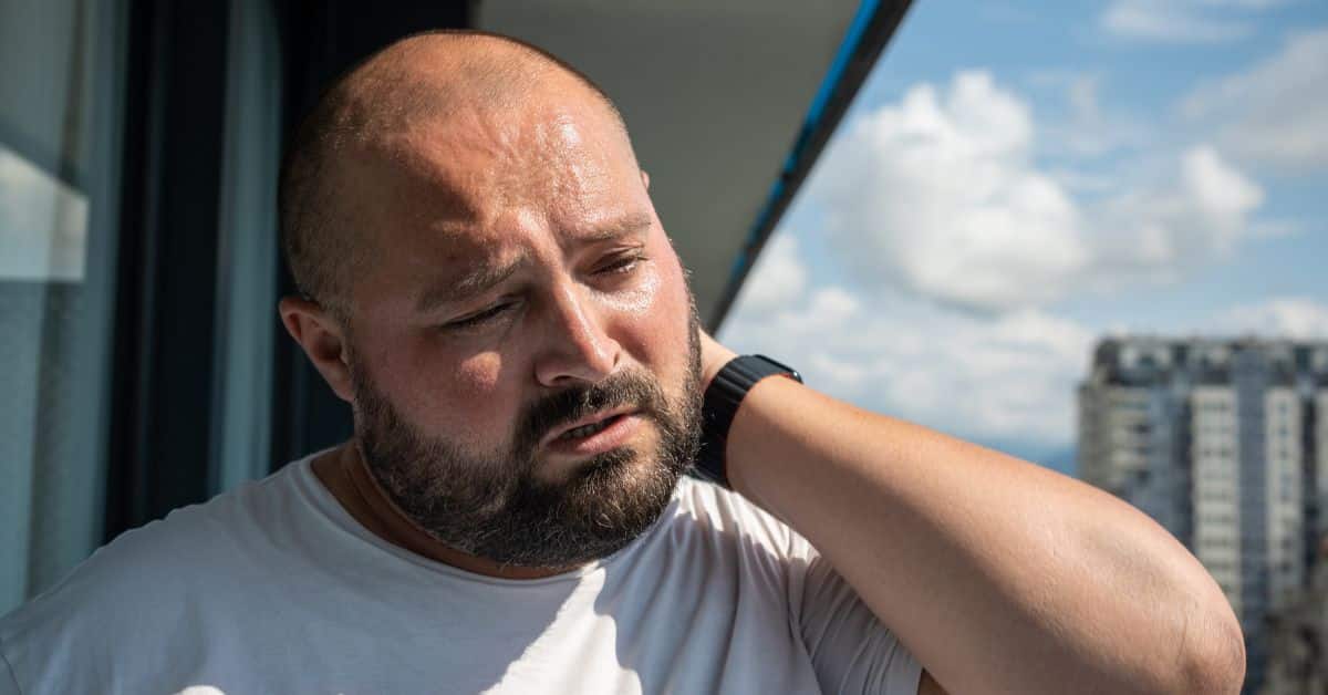 Hombre con signos de cansancio y sudor, ilustrando la relación entre sedentarismo y alopecia por su impacto en la salud general.